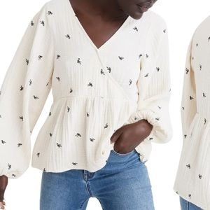 NWT Madewell Tiny Bows Lightspun Peplum Faux Wrap Top In antique cream